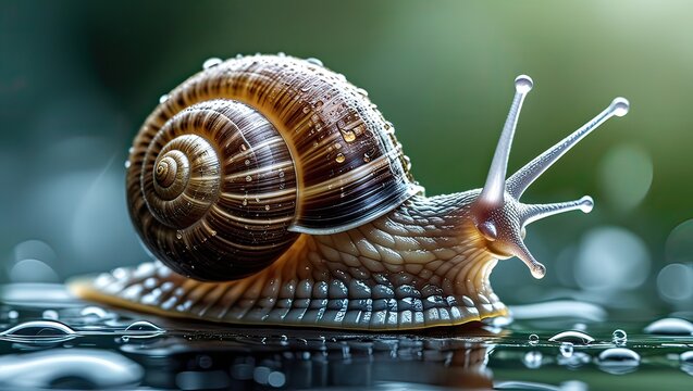 Snail crawling on wet surface, nature background, macro photography, wildlife - Powered by Adobe