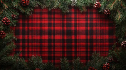 Festive Red Plaid Frame with Pine Branches and Pinecones
