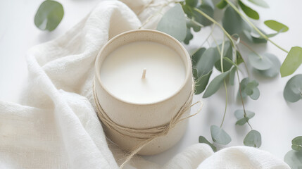 Elegant candle in a ceramic pot adorned with natural twine and greenery on a soft white fabric background.