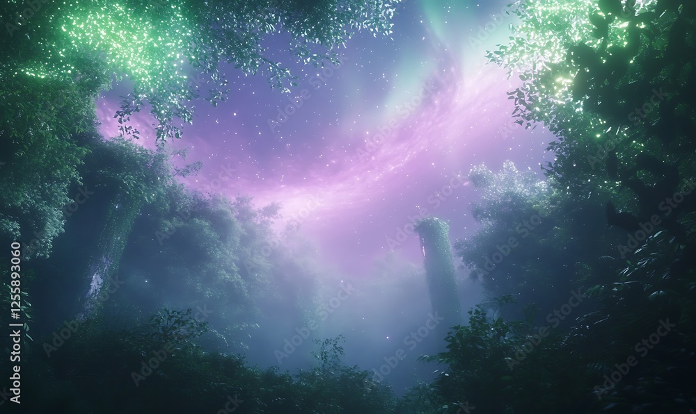Fototapete a mystical forest scene with vibrant hues and a starry sky, creating an enchanting atmosphere filled