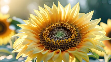 Fototapeta premium Sunlit sunflower field, summer bloom, nature, background bokeh, website banner