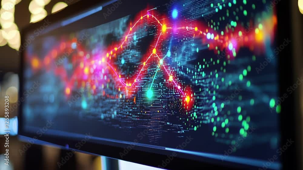 Poster complex data visualization with colorful particles flowing across computer screen, creating a futuri
