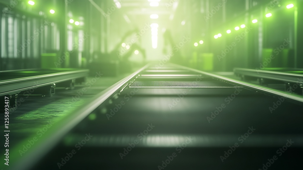 Poster a dimly lit industrial scene featuring elevated train tracks and green ambient lighting, creating a 