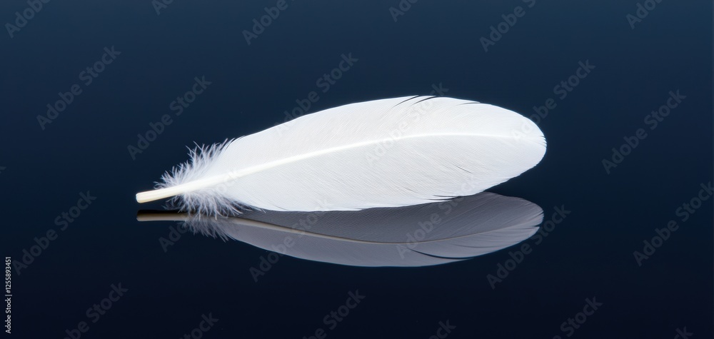 Poster a single white feather resting on a reflective black surface, creating a striking minimalist composi