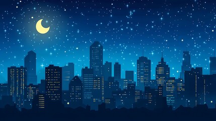 Night Cityscape Under Crescent Moon And Stars
