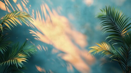 Naklejka premium Lush green palm leaves casting shadows in tranquil sunlight at golden hour