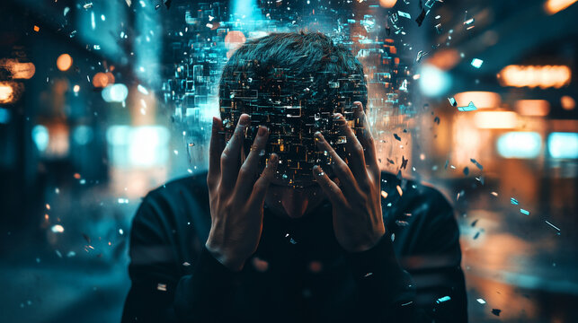 Digital overload and mental breakdown in the cyber age, perfect for illustrating technology stress, artificial intelligence, data security, mental health awareness, and the impact of digital dependenc