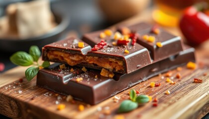 Dark chocolate bar with spicy chipotle pepper flavor, balanced with sweet honey