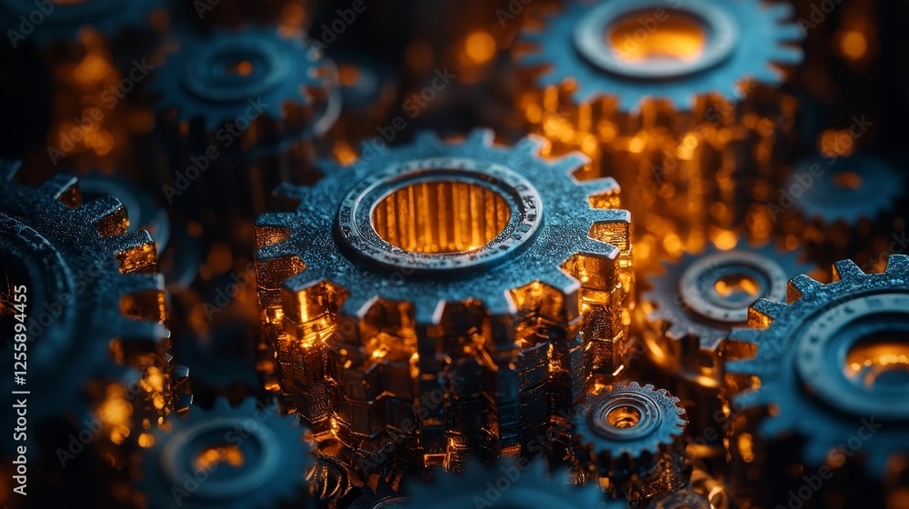 Poster surreal interconnected glowing gears symbolizing teamwork and efficiency in business services