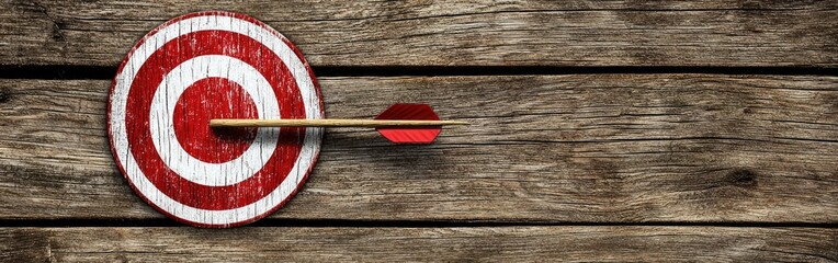 Success symbolized by arrow hitting red and white target on wooden surface for strategic planning