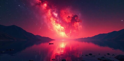 Glowing red nebula rises above Great Slat Lake's surface, red, galaxy