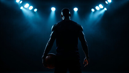 Silhouetted basketball player under dramatic spotlights, exuding confidence and power.