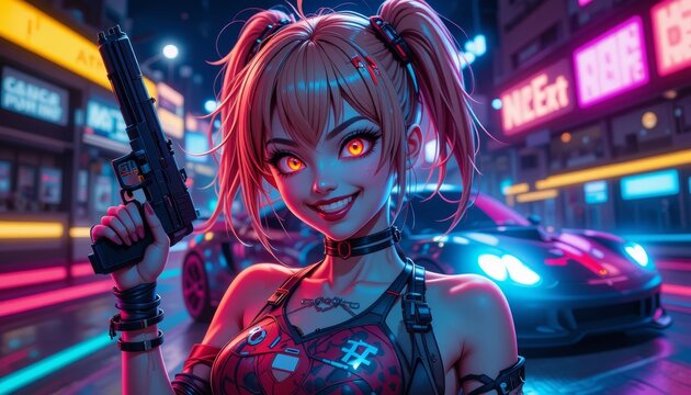 Crazy Anime Girl with a Gun in Neon-Lit Phonk Aesthetic Parking Lot