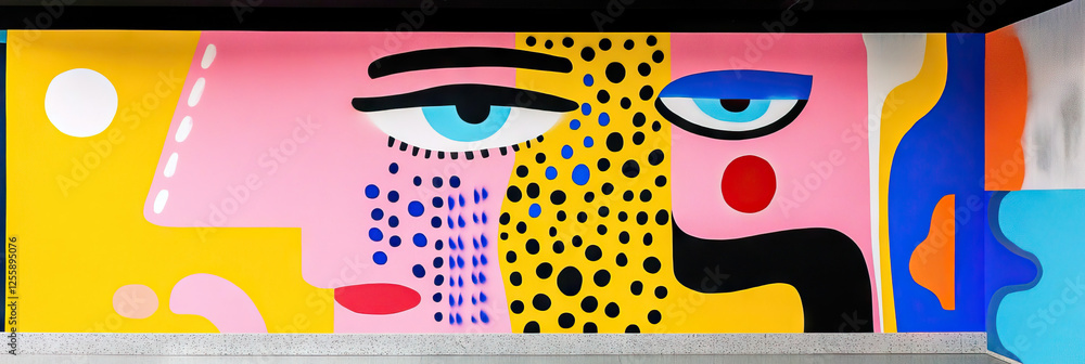 Poster abstract mural with stylized faces and geometric patterns