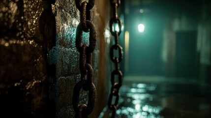 Dark Industrial Setting with Rusty Chains and Mysterious Lighting