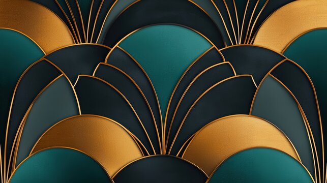 A sophisticated Art Deco-inspired pattern in black and gold, reminiscent of the 1920s Gatsby era, exuding vintage luxury