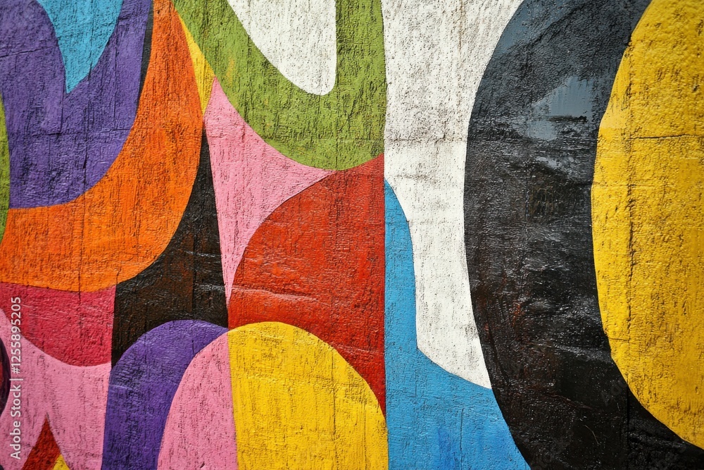 Poster vibrant abstract mural showcasing dynamic colors and shapes against a textured wall in an urban sett