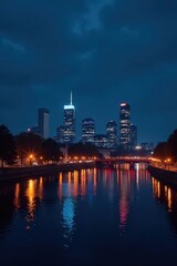 Obraz premium Frankfurt's glowing skyline, dark river reflecting lights, city lights, architecture photography, building
