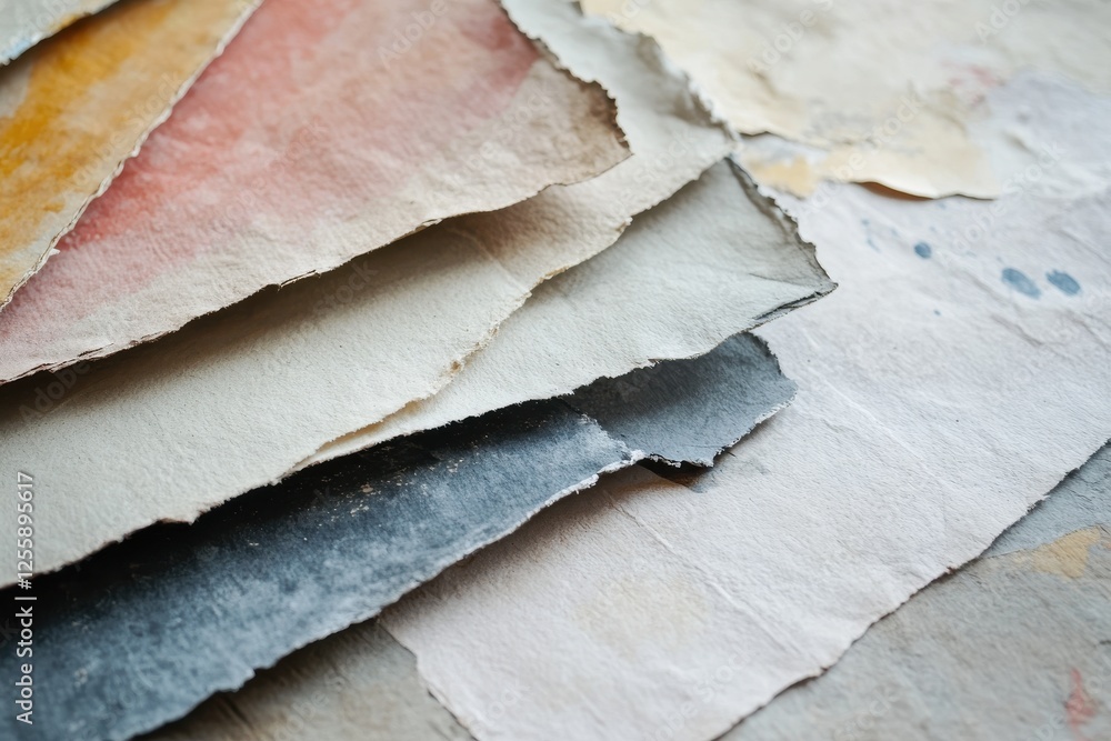 Poster Diverse collection of handmade paper with textured edges and varying colors displayed in natural light