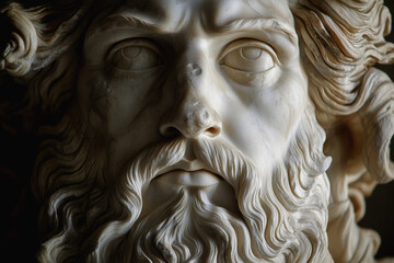 Obraz premium Face of mighty god of the underwater kingdom Neptune (Poseidon) sits on a sea wave and holds a trident in his hand. Ancient Greek and Roman mythology. Marble statue