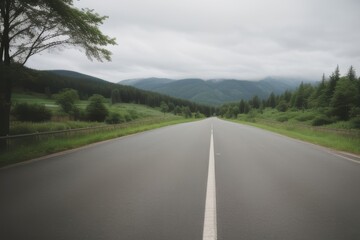 Fototapeta premium Scenic Mountain Road: Empty Asphalt Highway with Green Forest and Cloudy Sky, Perfect for Travel and Adventure Stock Photography