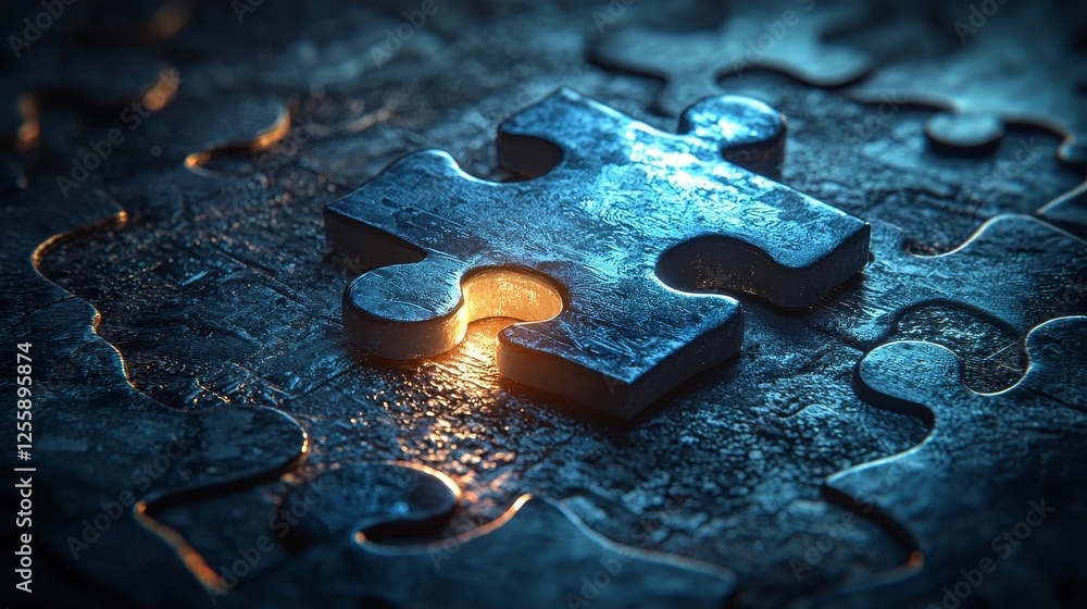Poster surreal puzzle piece integrating into business solution concept
