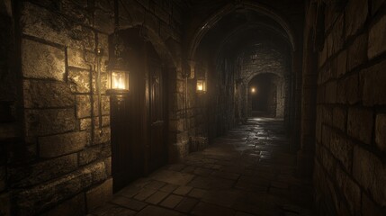 Dark Stone Corridor with Lanterns Lighting Ancient Medieval Passage