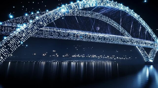 A holographic bridge made of binary code connecting fragmented enterprise ideas to form a cohesive business strategy symbolizing the pathway to economic success.