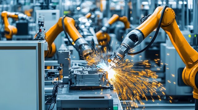 Robotic arms welding in an industrial manufacturing facility