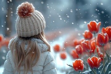 Girl in Cozy Beige Hat Admiring Orange Tulips in Falling Snow