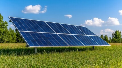 Solar Panel Array on Green Field Under Clear Blue Sky with Few Clouds