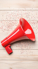 Celebration event with red megaphone festive atmosphere close-up view