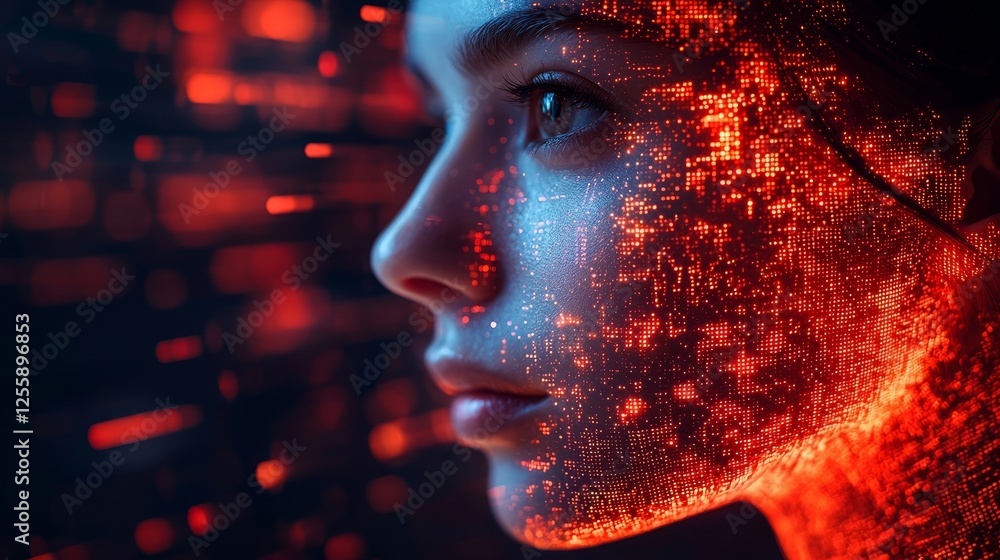 Poster glowing geometric face merging with holographic data streams conceptual blend of humanity and techno