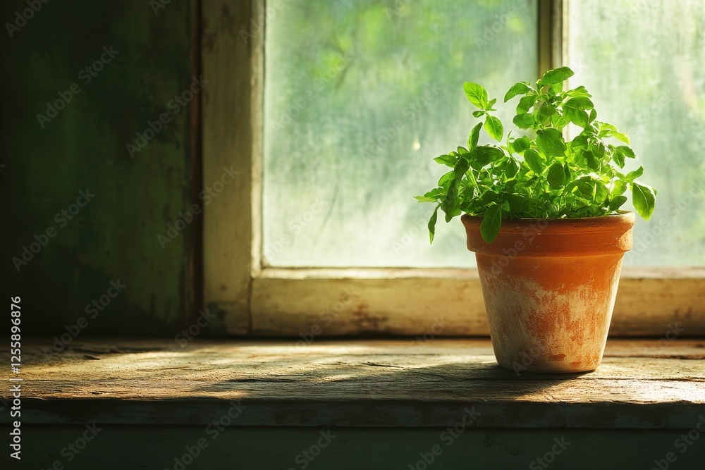 Aufkleber sunlight filters through a window onto a potted plant resting on a wooden sill in a serene indoor se