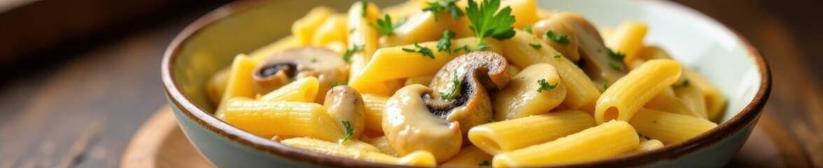 Creamy cheese sauce coats penne pasta, chicken, and mushrooms , cooking, white sauce