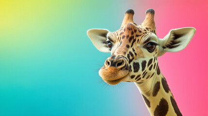 Obraz premium Playful giraffe with expressive eyes and a quirky smile against a vibrant multicolored gradient background, blending wildlife charm with modern artistic design