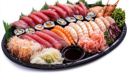 A top-down view of a colorful sushi platter, arranged with precision and accompanied by soy sauce and wasabi