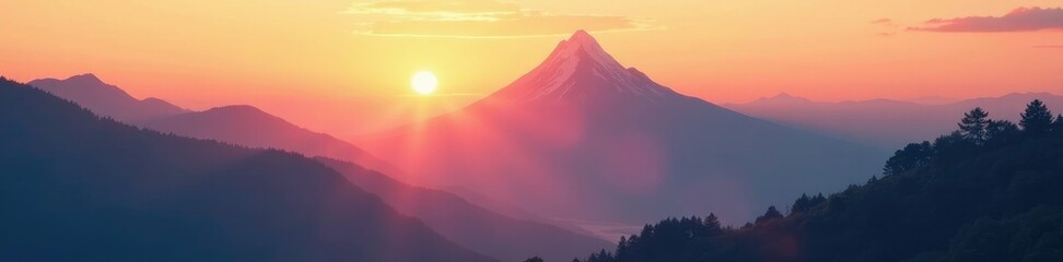 Fototapeta premium Majestic mountain peak with misty atmosphere at peaceful sunset, serenity, sunlight, atmospheric perspective