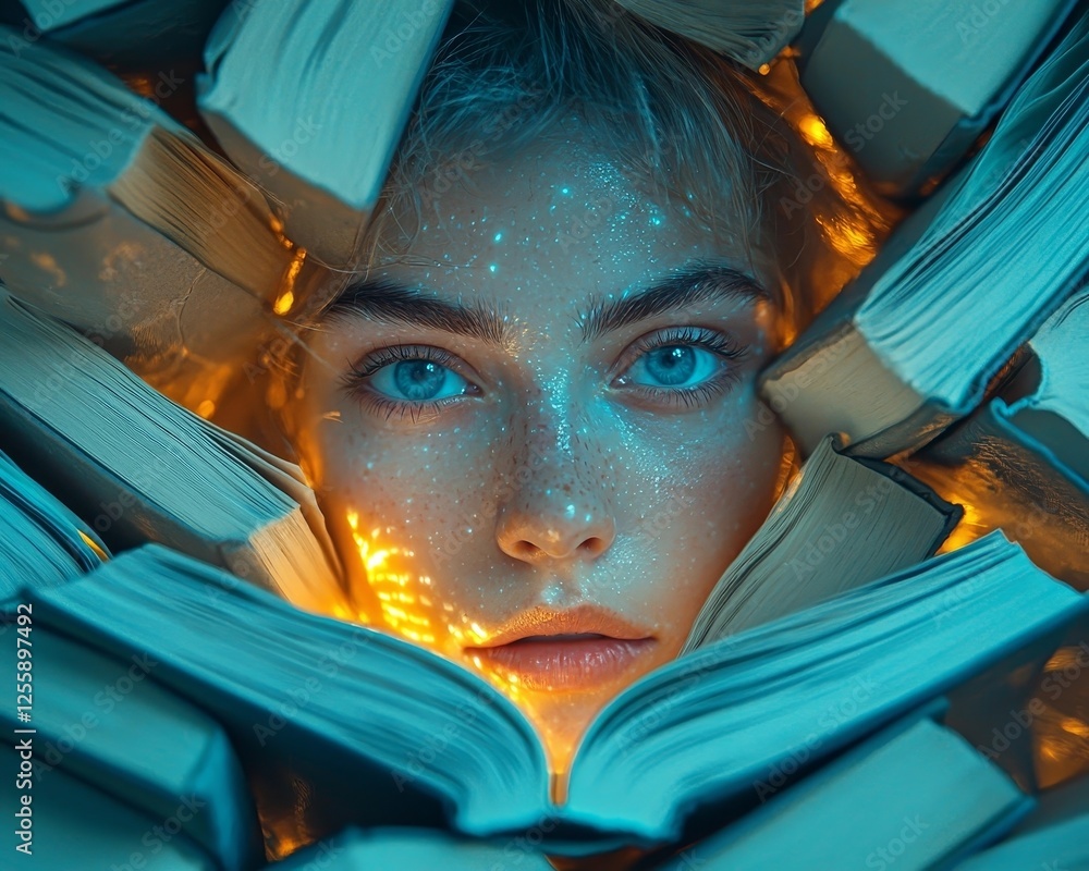 Aufkleber illuminated face surrounded by floating books conceptual portrait of person immersed in knowledge an