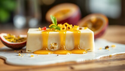 White chocolate bar with light citrus zest, drizzled with passionfruit syrup