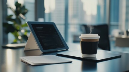 Fototapeta premium Modern workspace with tablet, coffee, and documents in a bright office