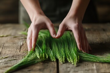 Hands gently arranging fresh green wheat on a rustic wooden table in a cozy kitchen setting