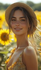 Person in Straw Hat and Yellow Dress Standing in a Sunflower Field