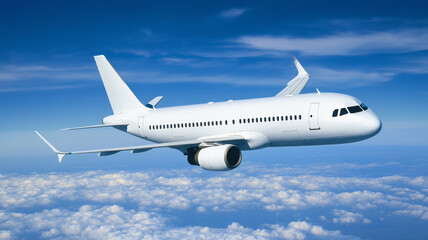 Obraz premium A white plane flies in a blue sky with clouds.