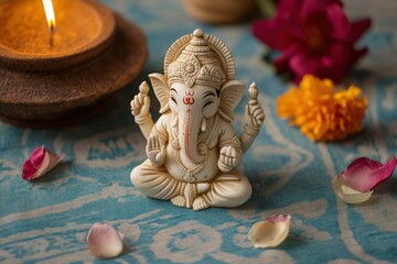 Sculpted Ganesha figurine surrounded by flowers and candles on a decorative textile