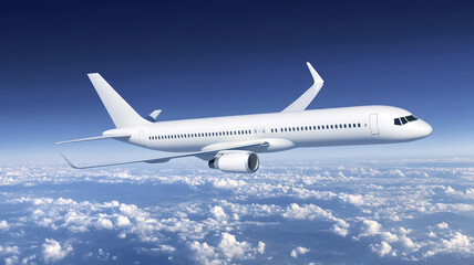 Obraz premium A white plane flies in a blue sky with clouds.