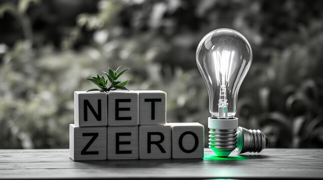Classic black and white high contrast photograph of wooden blocks spelling Net Zero with a green plant growing atop on a wood table against a green nature background.