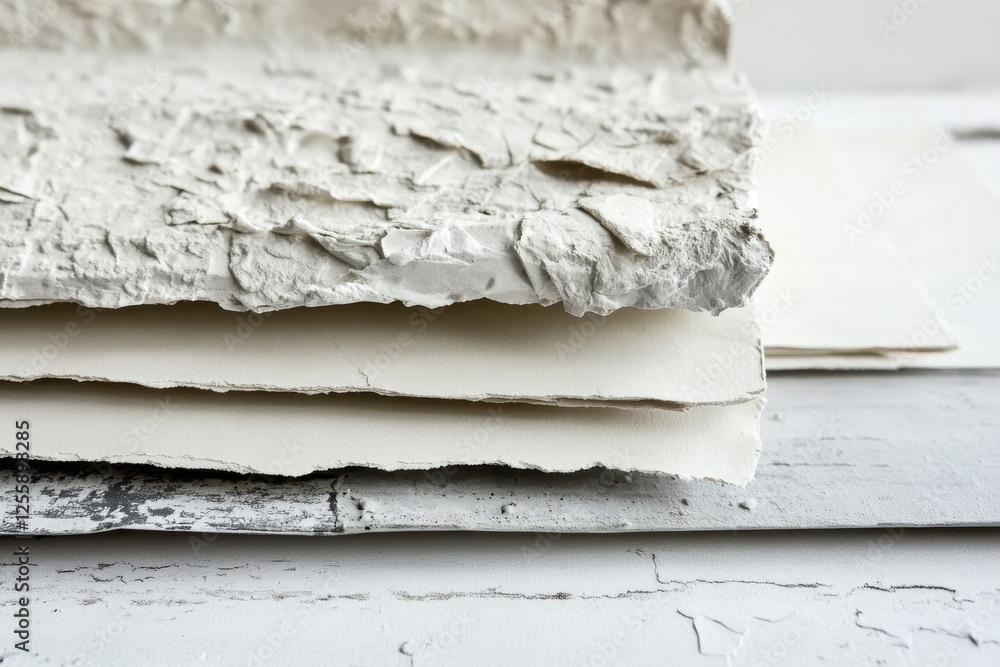 Poster texture and layers of handmade paper arranged on a rustic table in a bright workspace