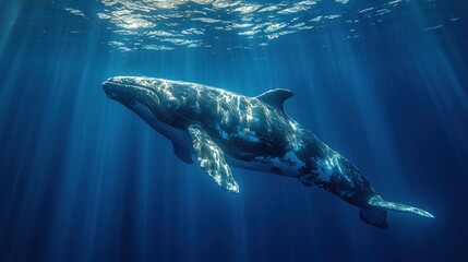Naklejka premium A majestic whale gracefully swims in sunlit ocean depths.
