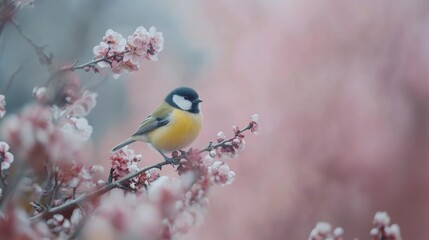 Obraz premium A vibrant yellow and blue chickadee tit bird sits on a delicate flowering branch, surrounded by soft pink blossoms and a blurred background. 